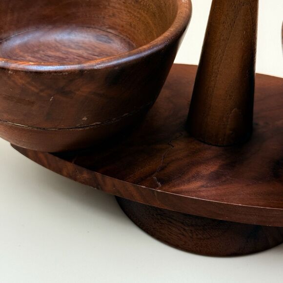 Vintage Kustom Kraft Solid Walnut Dip Set - MCM Snack Server USA - Picture 10 of 13